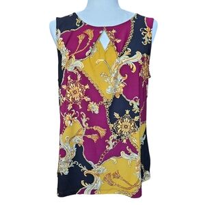 Kasper red black yellow dressy tank top blouse keyhole neckline size M